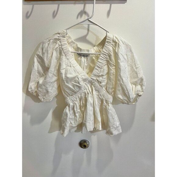 Abercrombie & Fitch Linen Blend Peplum Top Dainty Boho Cottage Peasant Chic - Picture 3 of 11